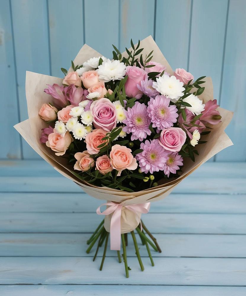 Букет цветов из: Хризантемы, Розы и Альстромерии в Белоозерский