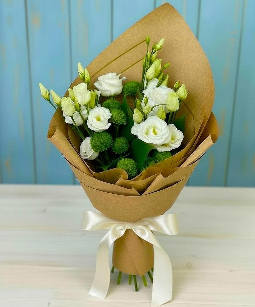 Букет цветов из: Хризантемы и Лизиантусы в Белоозерский