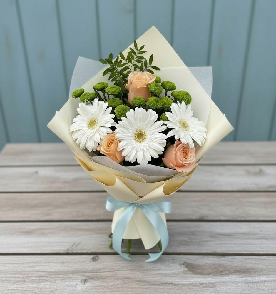 Букет цветов из: Герберы, Розы и Хризантемы в Белоозерский