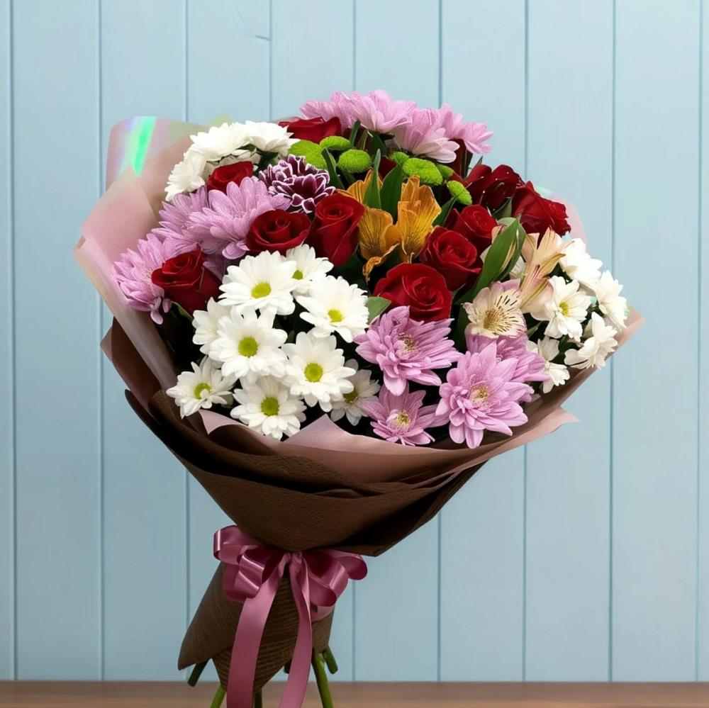 Букет цветов из: Розы, Хризантемы и Альстромерии в Белоозерский