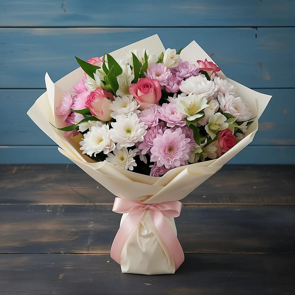 Букет цветов из: Хризантемы, Альстромерии и Розы в Белоозерский